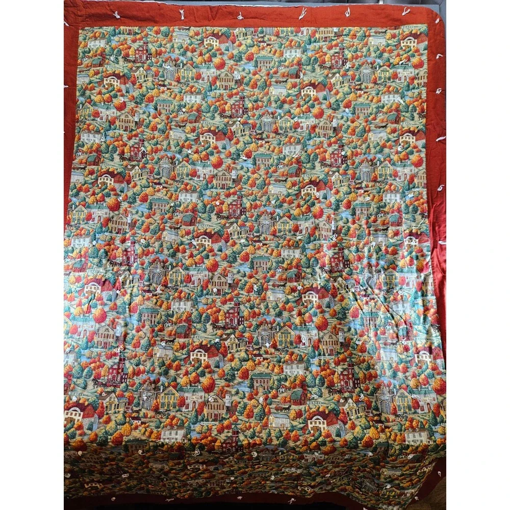 Vintage Handmade Autumn Village Tied Quilt Fall Folk Art Landscape 88x74